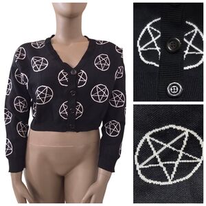 Pentagram V-Neck Button-Up Long Sleeve Crop Cardigan Sweater Large Black White